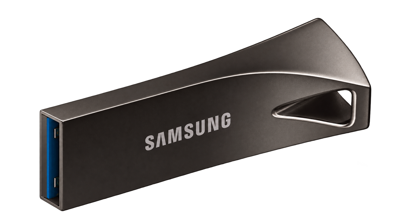 Titan Gray Samsung BAR Plus USB-A flash drive with its metal body and key-ring opening